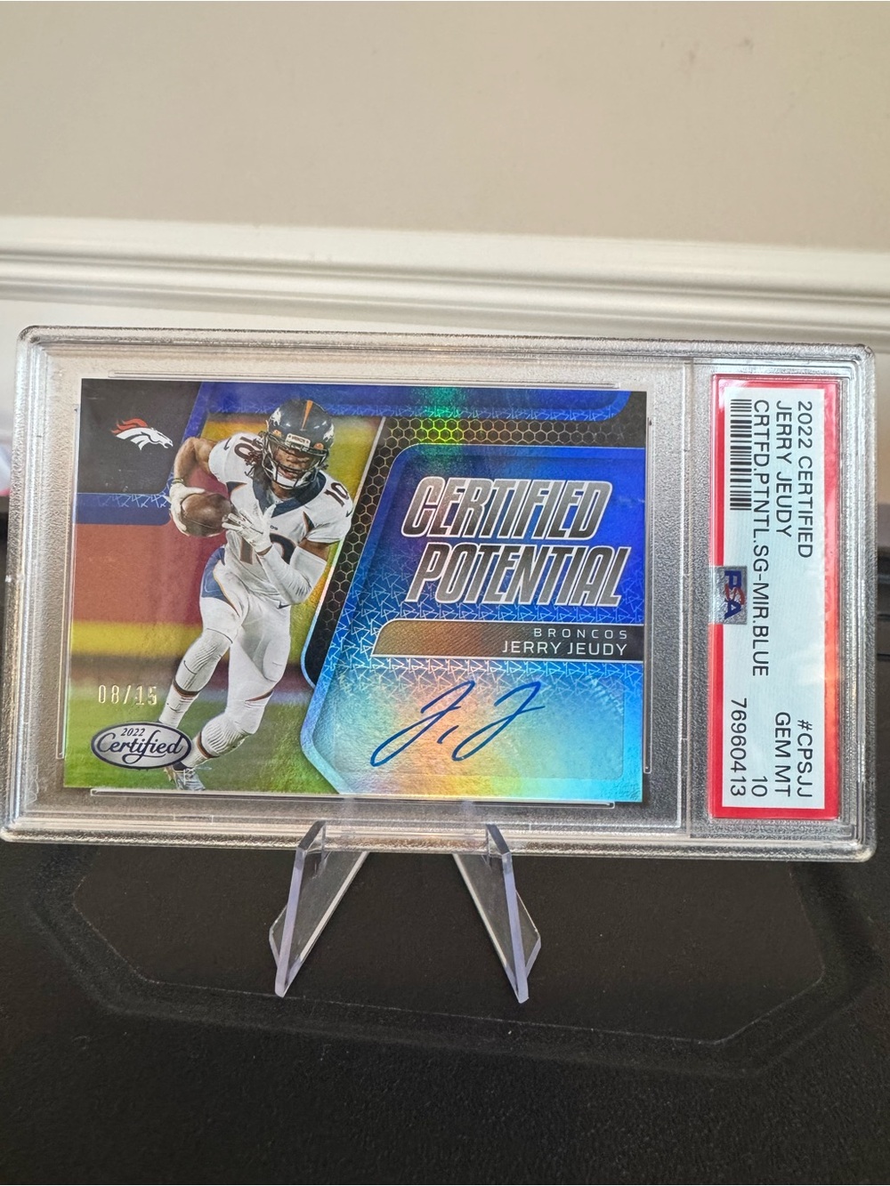 🔥2022 Jerry Jeudy Panini Certified Potential Blue Mirror 8/15 Autograph PSA 10 - Picture 2 of 6